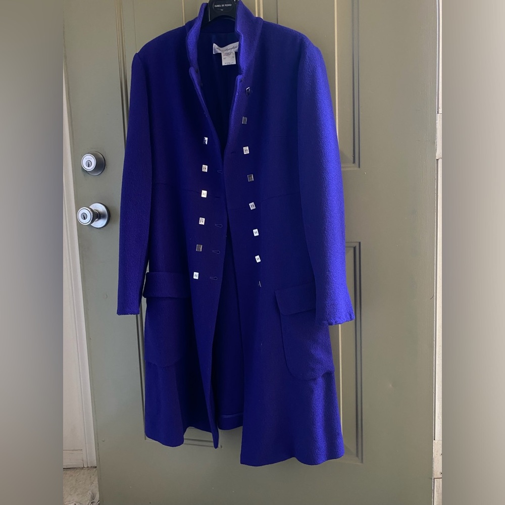 Karl Lagerfeld Cobalt Blue Long Trench Coat with Silver Square Buttons